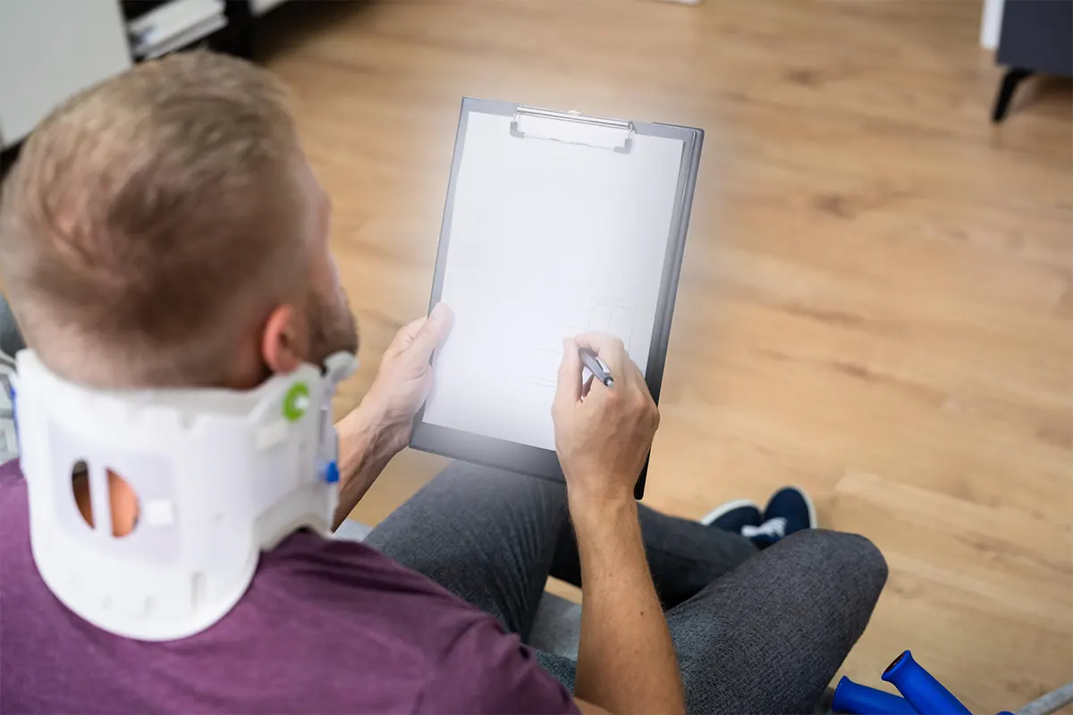 Verletzter Patient mit Halskrause füllt Unterlagen aus – Sinnbild für BG-Verordnung, Dokumentation und Heilmittelverordnung in der Physiotherapie und Ergotherapie. - ConVersio Therapiezentrum